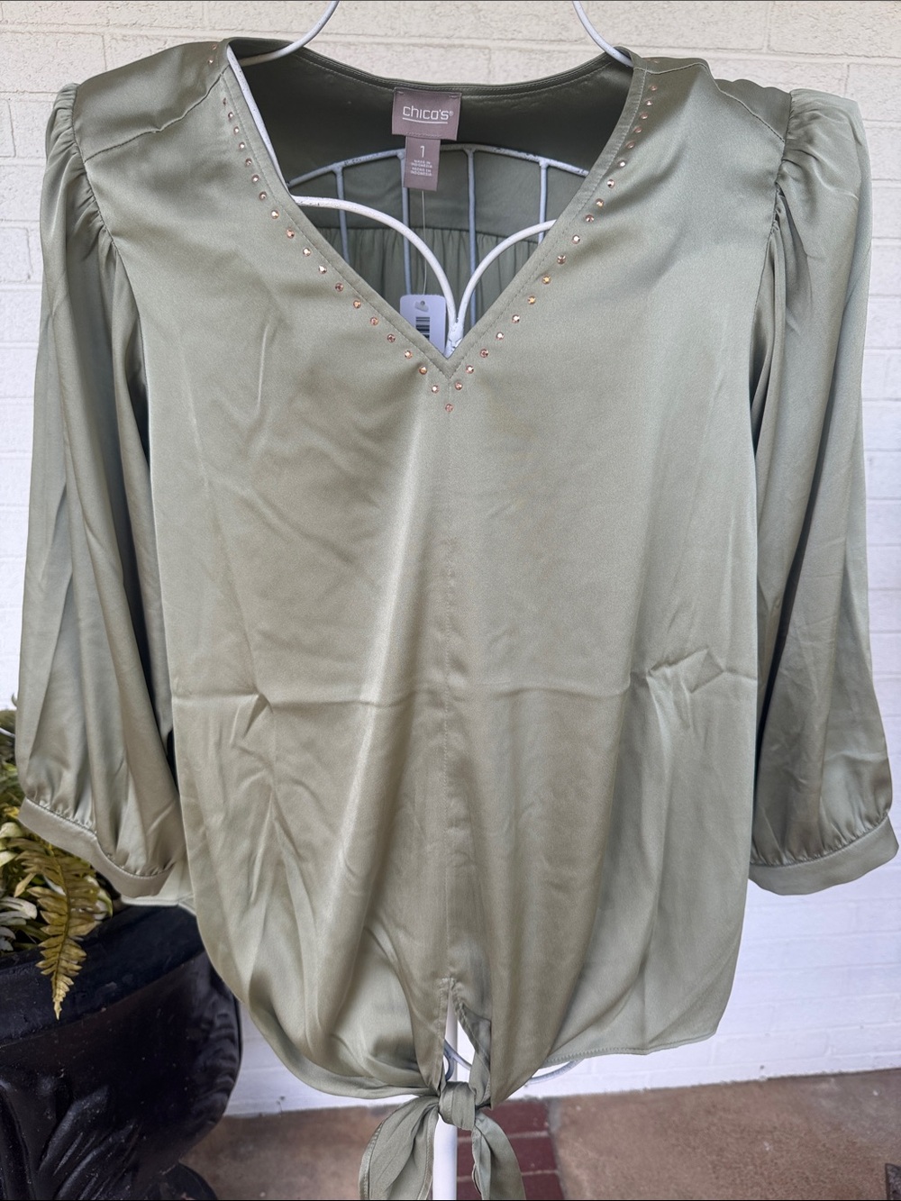 Chico's Sage Green V-Neck Tie-Front Blouse with Stud Accents